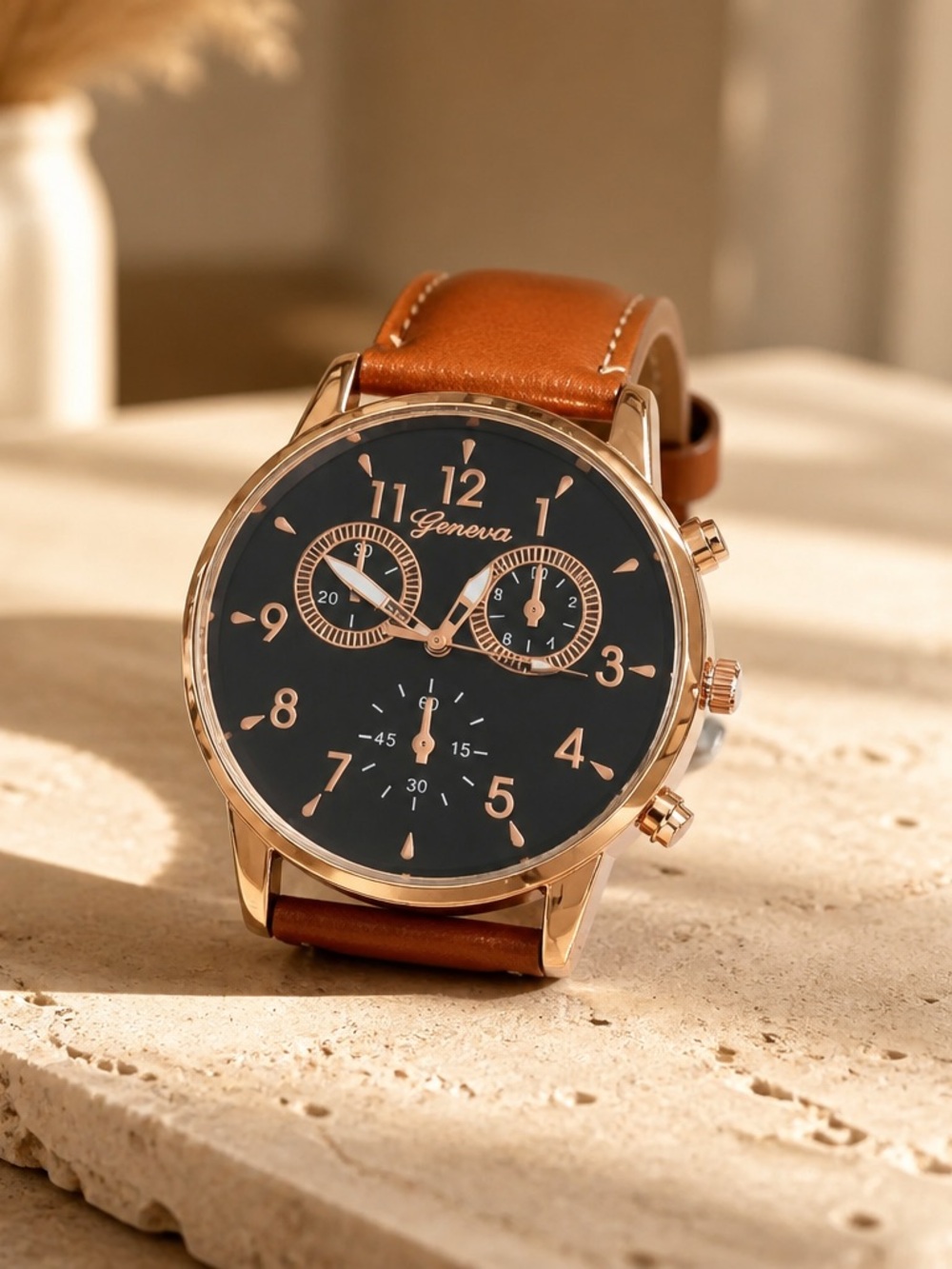 Geneva Men’s Luxury Timepiece 3 Time Zones Tan Color Band Rose Gold 50mm Case